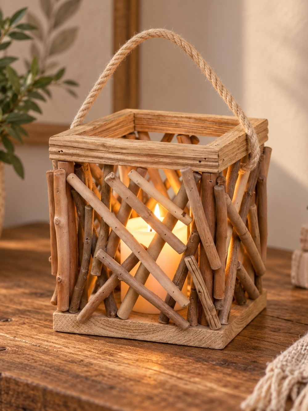 Rustic Natural Wood Lantern with Rope Handle - Home Accents